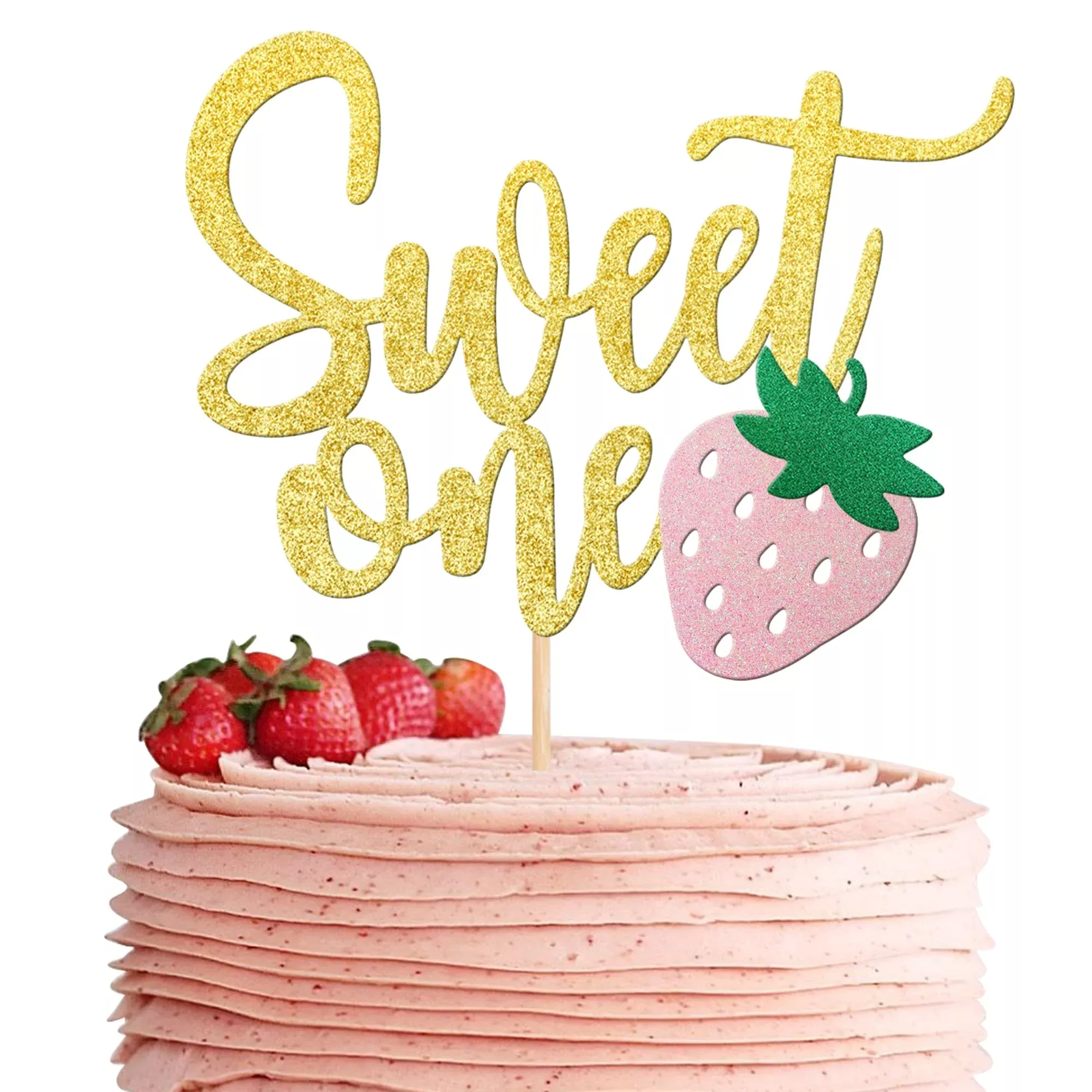1 Pcs Strawberry Sweet One Cake Topper Glitter First Birthday Strawberry Cake Pick For Sweet Fruit Theme Baby Shower Kids Birthd