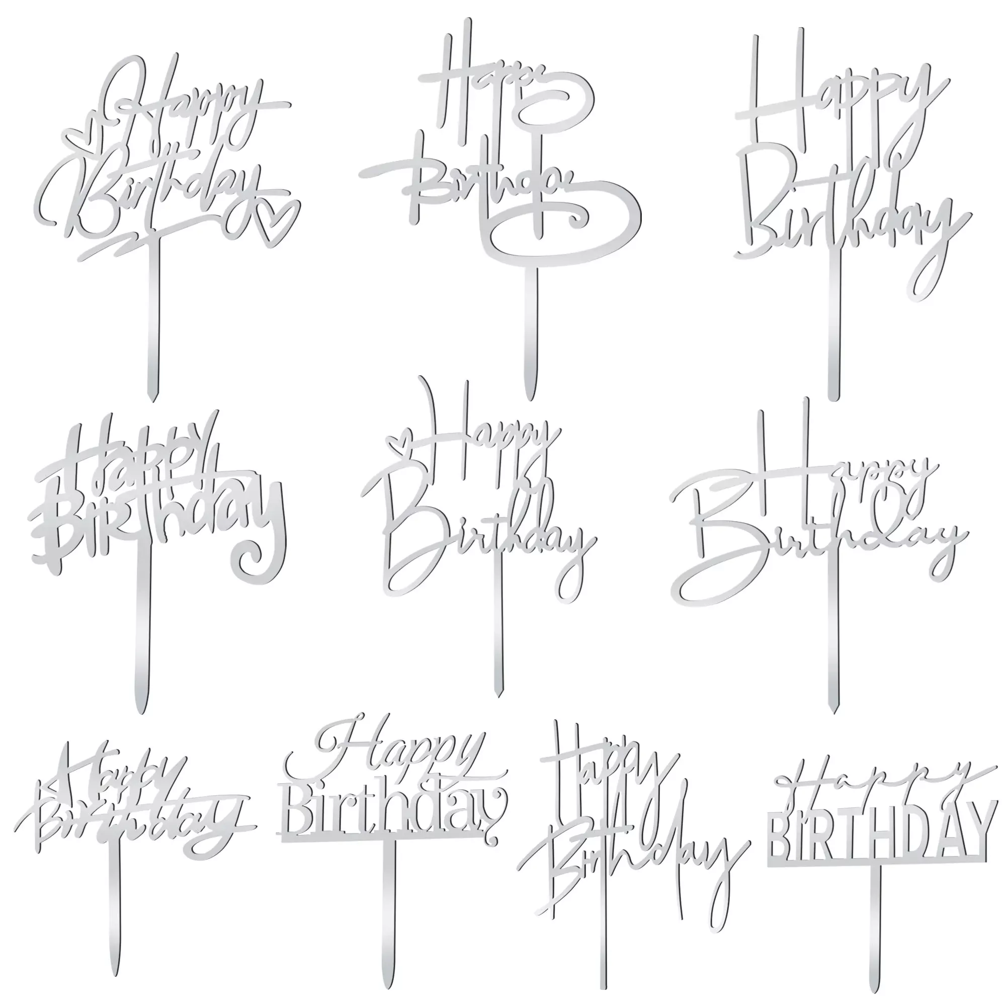 10 Pcs Silver Happy Birthday Cake Topper Acrylic Cupcake Topper Birthday Supplies Decorations