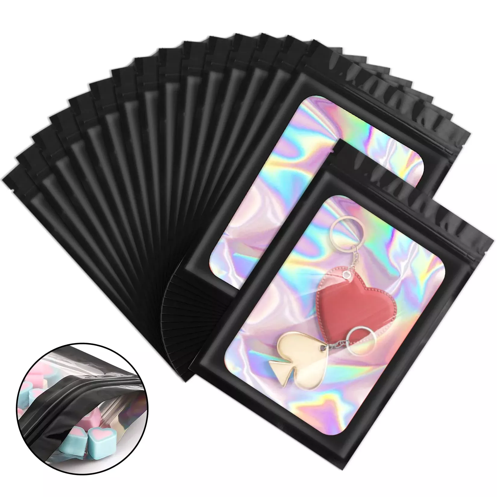 100 Pack Holographic Bags, Smell Proof Packaging Bags, Clear Window Resealable Odor Foil Pouch Mylar Bags For Food Storage And L