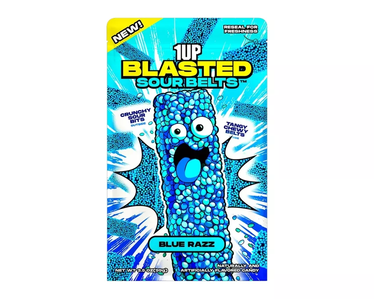 1UP Blasted Sour Belts Blue Razz 3.5 oz. Peg Bags - 5 / Case