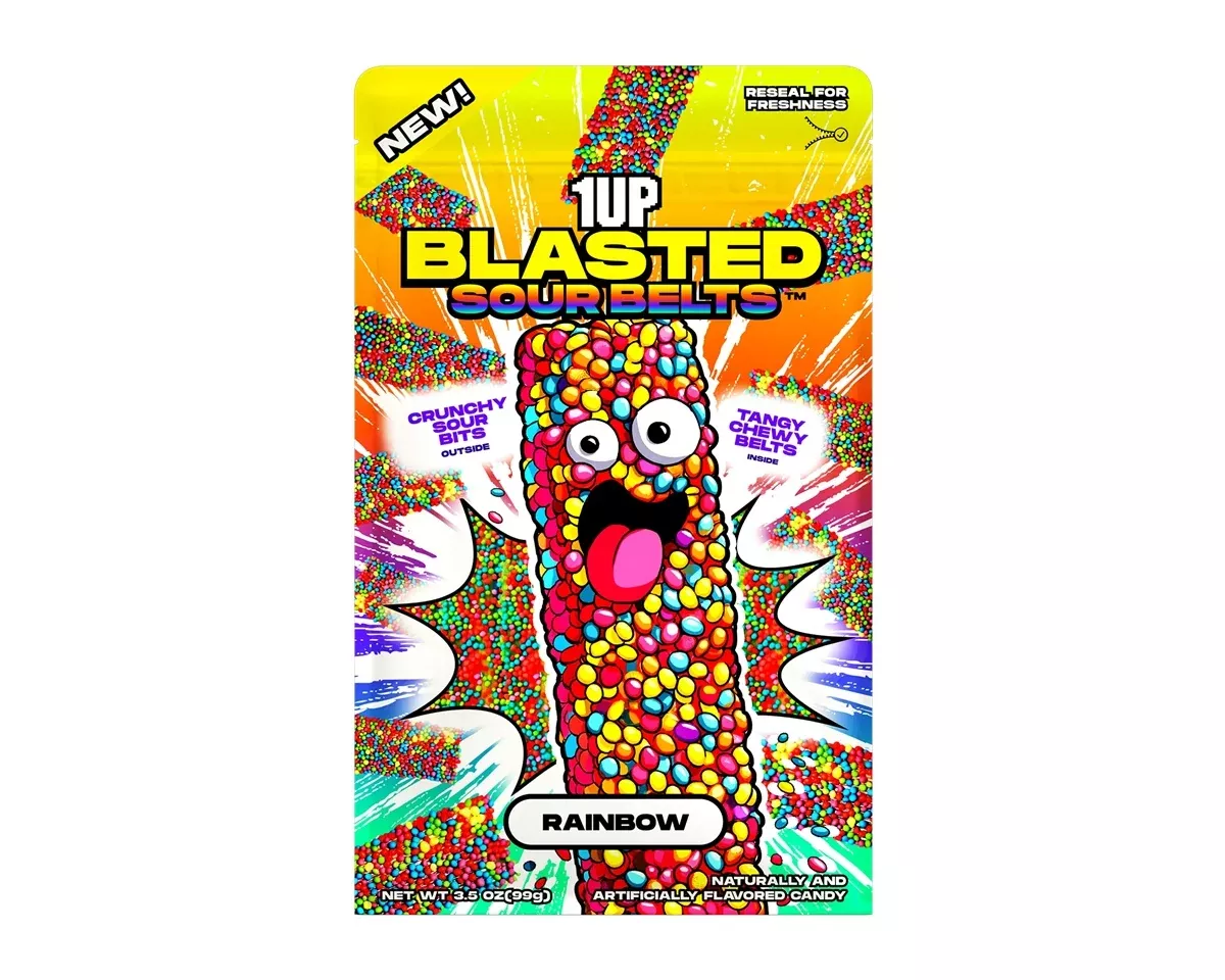 1UP Blasted Sour Belts Rainbow 3.5 oz. Peg Bags - 5 / Case