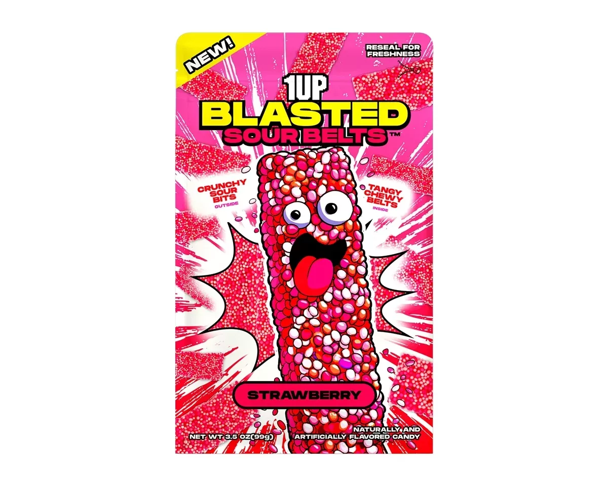 1UP Blasted Sour Belts Strawberry3.5 oz. Peg Bags - 5 / Case