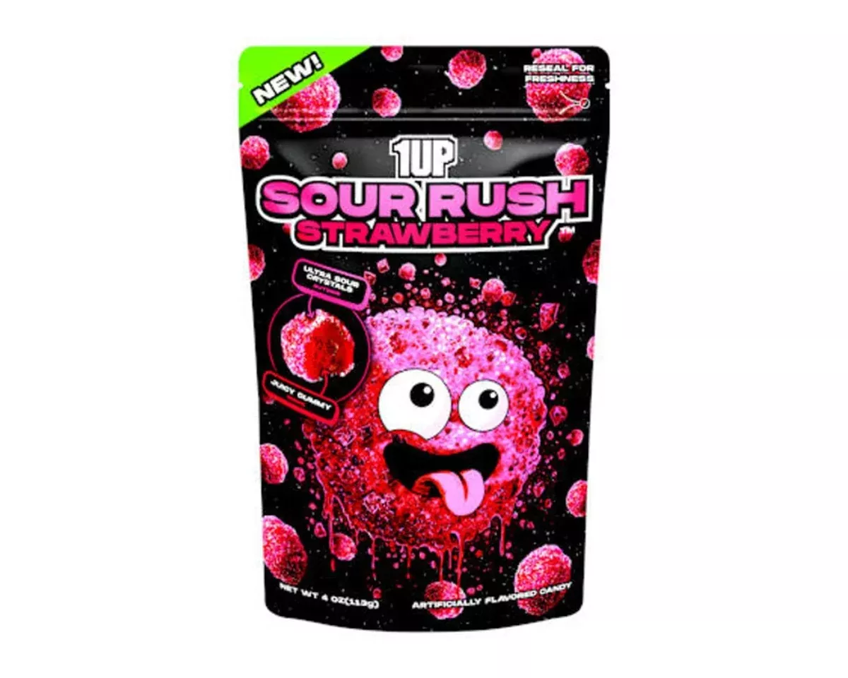 1UP Sour Rush Strawberry Juicy Gummy Candy 4 oz. Peg Bags - 6 / Case