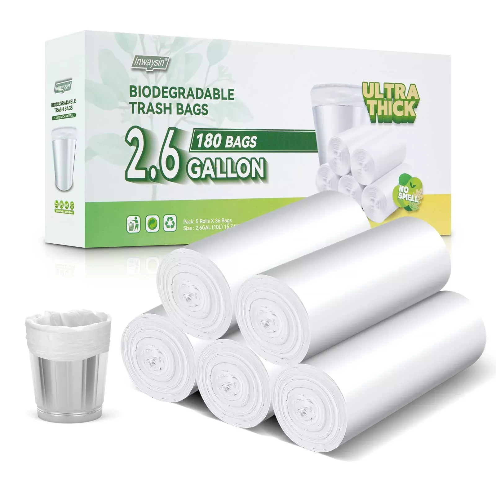 2.6 Gallon Small Trash Bags Biodegradable, 180 Counts Inwaysin Ultra Thick & Strong Small Garbage Bags, Unscented Mini Trash Bag
