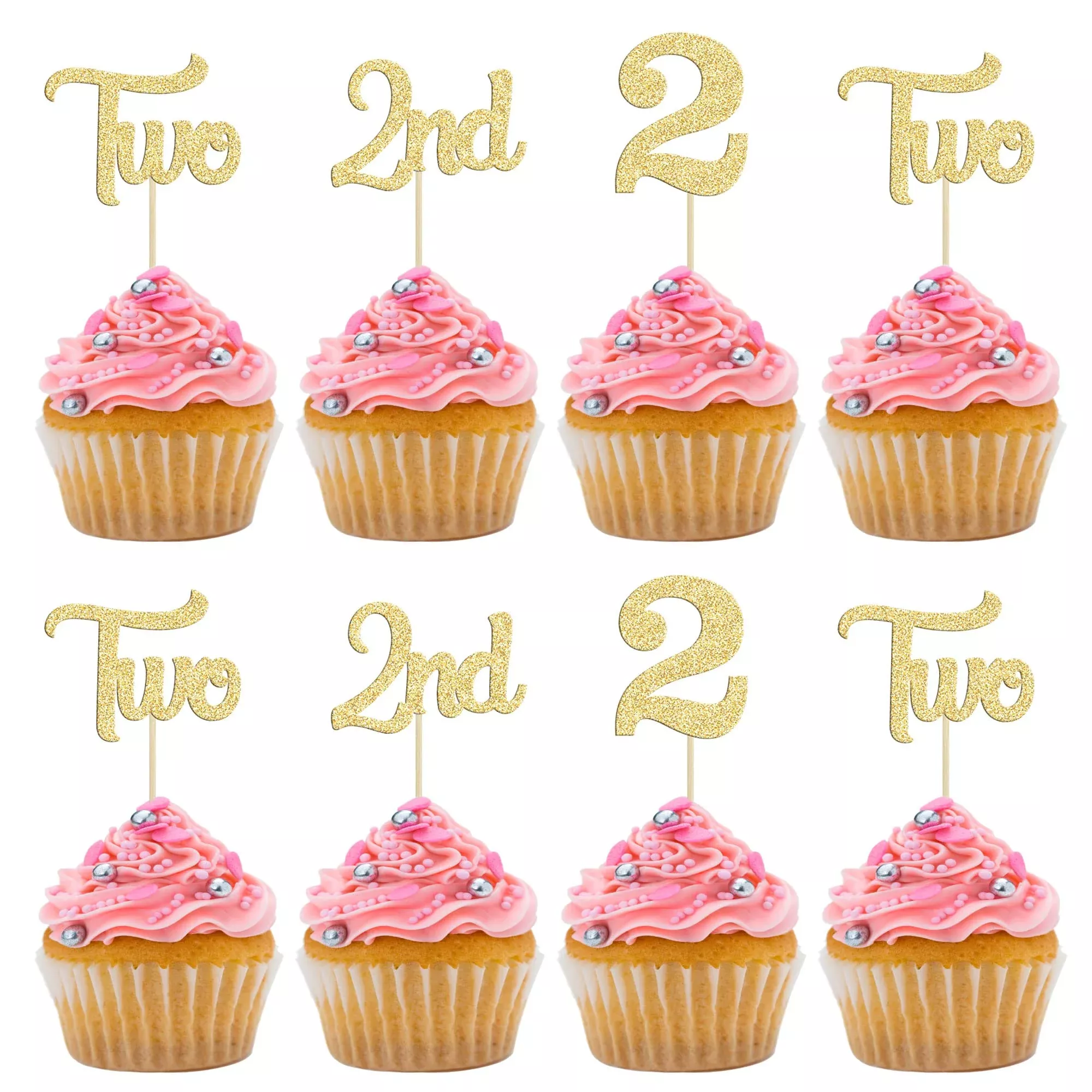 24Pcs 2Nd Birthday Cupcake Toppers Glitter Second Birthday Two Cupcake Picks For Baby Shower 2Nd Birthday Anniversary Party Cake