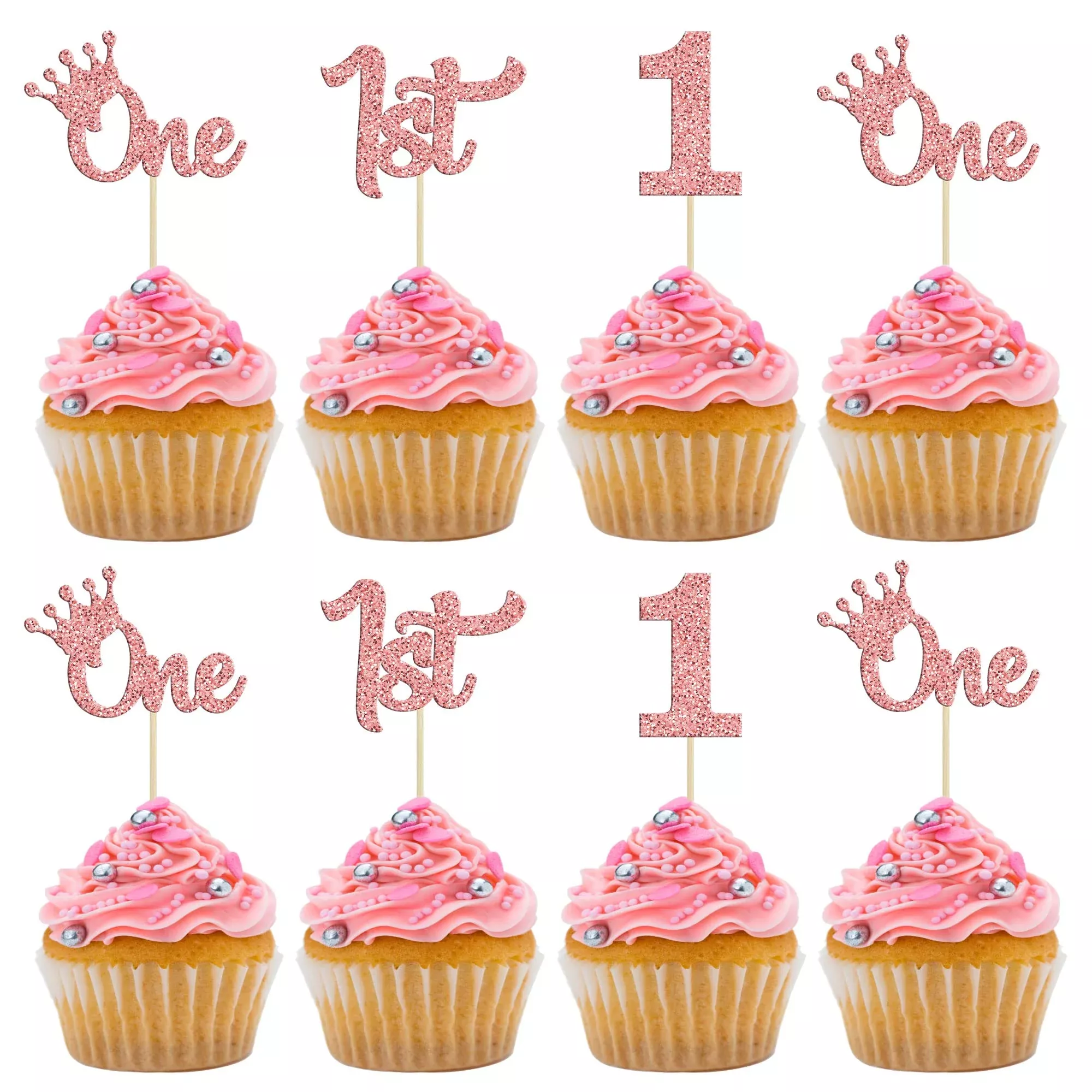 24Pcs One Cupcake Toppers Glitter 1St Birthday Cupcake Picks For Baby Shower First Birthday Party Cake Decorations Supplies Rose