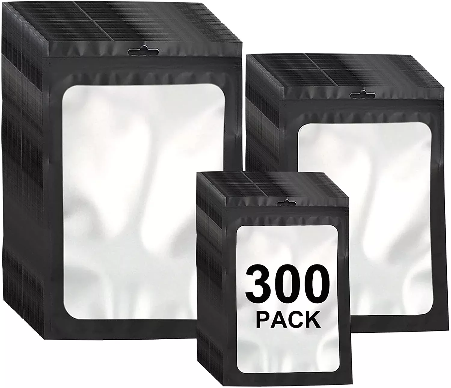 300 Pack 3 Sizes Resealable Mylar Bags Food Storage Smell Proof Bags With Front Window Packaging Pouch For Sample Snack Cookies