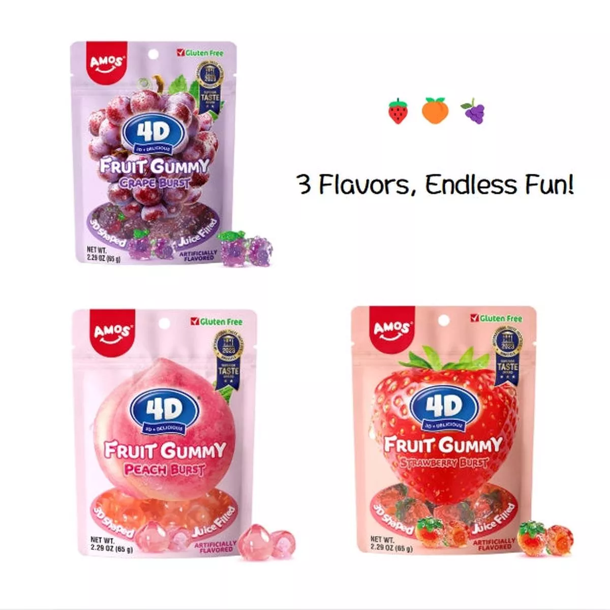 4D Fruit Gummy - Burst Juice FilledMix Flavor-3 bags- 65g/bag