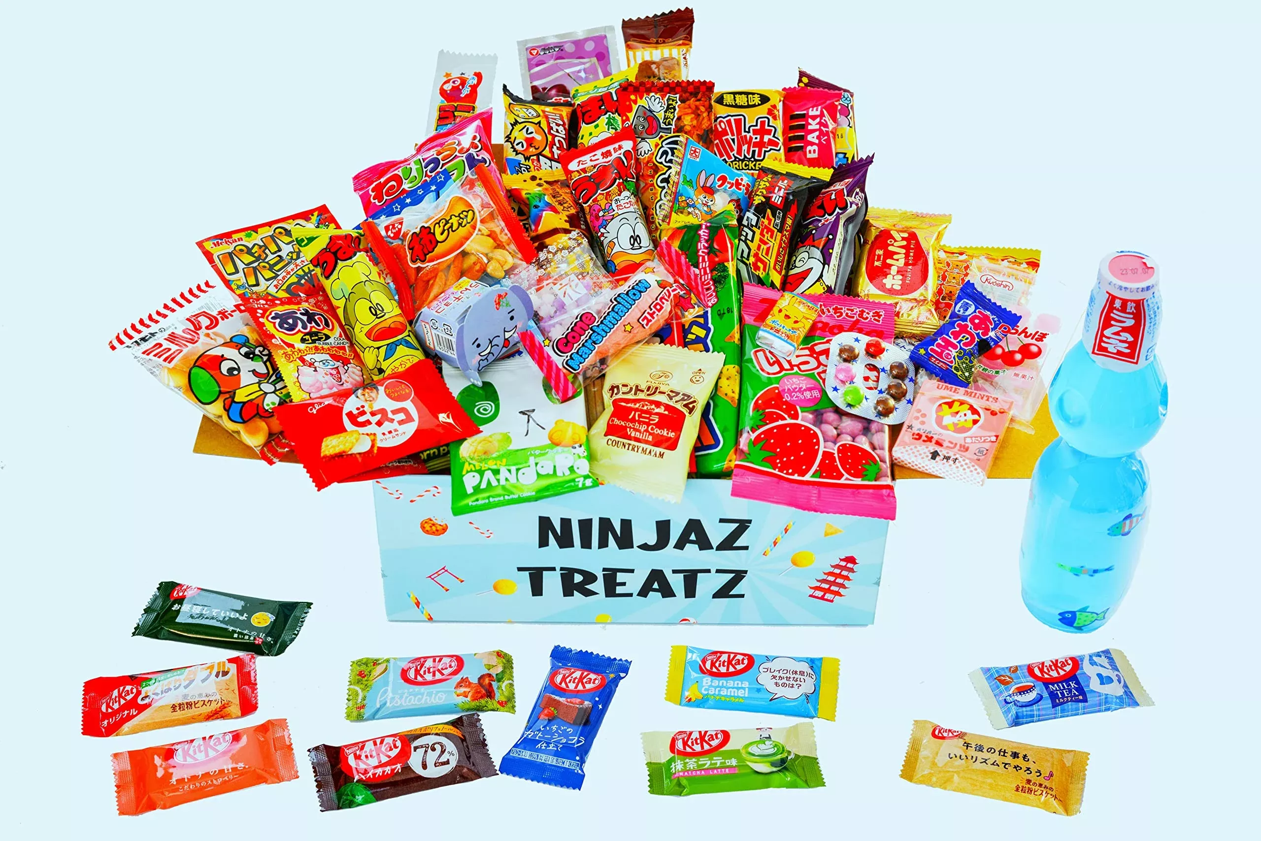 51 Japanese Snacks Box 40 Japanese Candy And 10 Japanese Kitkat Assortment 1 Ramune Bottle