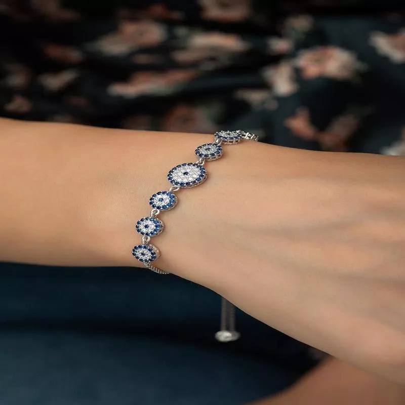 925 Sterling Silver Nazar Evil Eye Bracelet - Adjustable with Zircon Stones - Protective & Elegant Gift