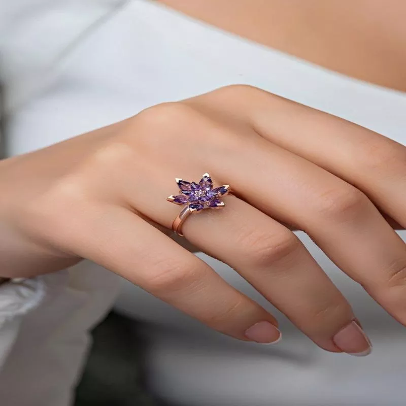 925 Sterling Silver Purple Zircon Lotus Flower Adjustable Ring for Women