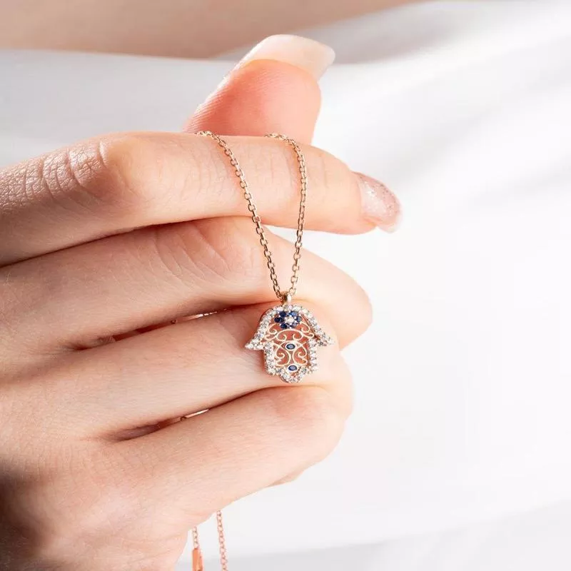 925 Sterling Silver Rose Gold Plated Fatima Hand Necklace - Islamic Minimalist Hamsa Charm Jewelry