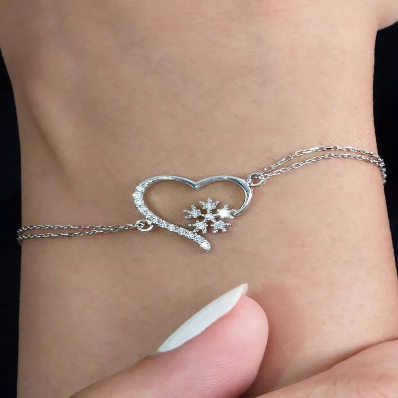 925 Sterling Silver Snowflake Heart Bracelet - Zircon Stone Adjustable Gift for Her