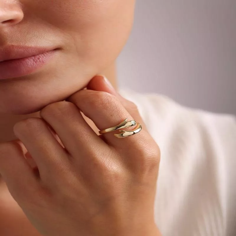 Adjustable Gold Plated Sterling Silver Wrapped Hands Ring | Symbol of Unity & Connection
