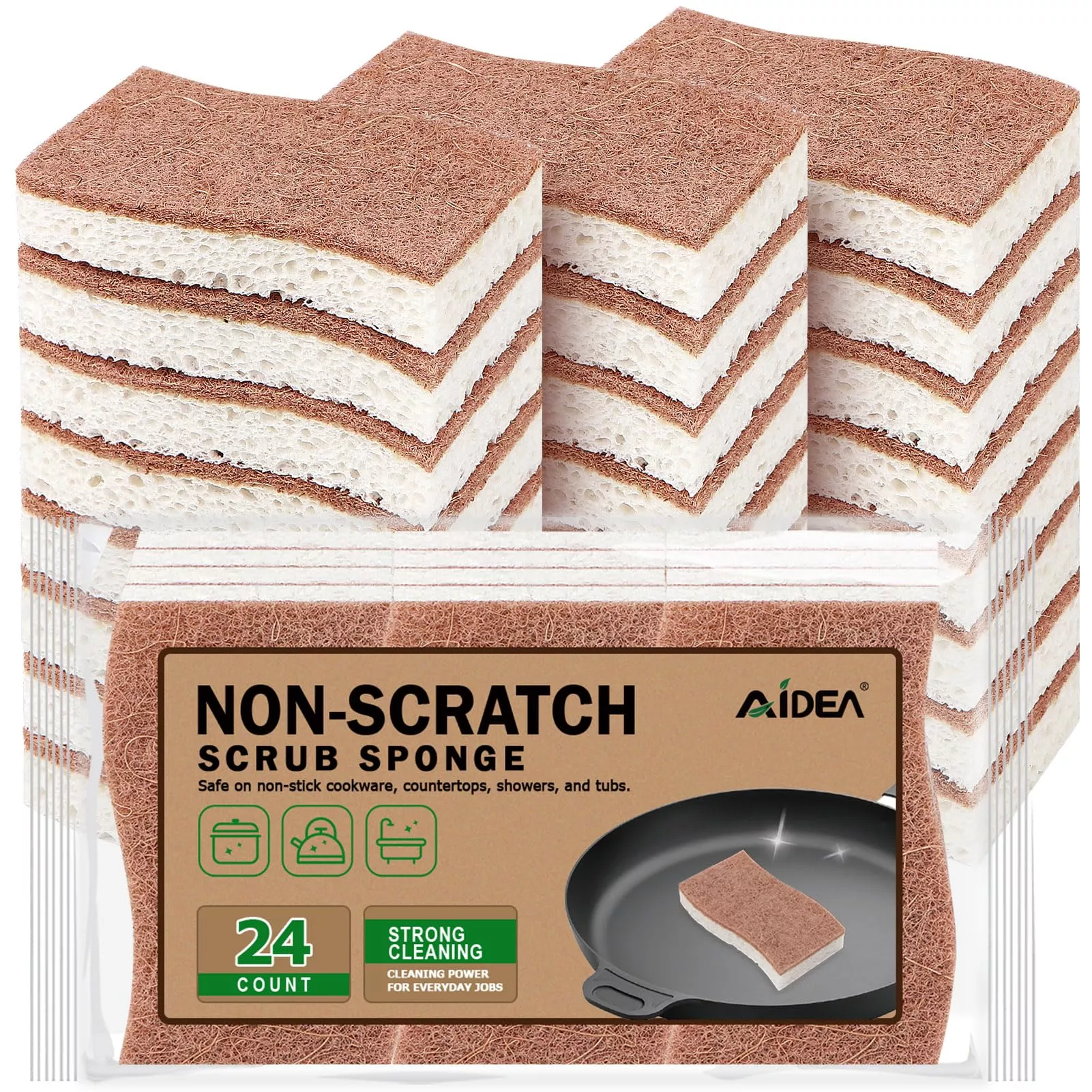 AIDEA Non-Scratch Brown Scrub Sponge, 24 Count - Natural Cellulose Spo
