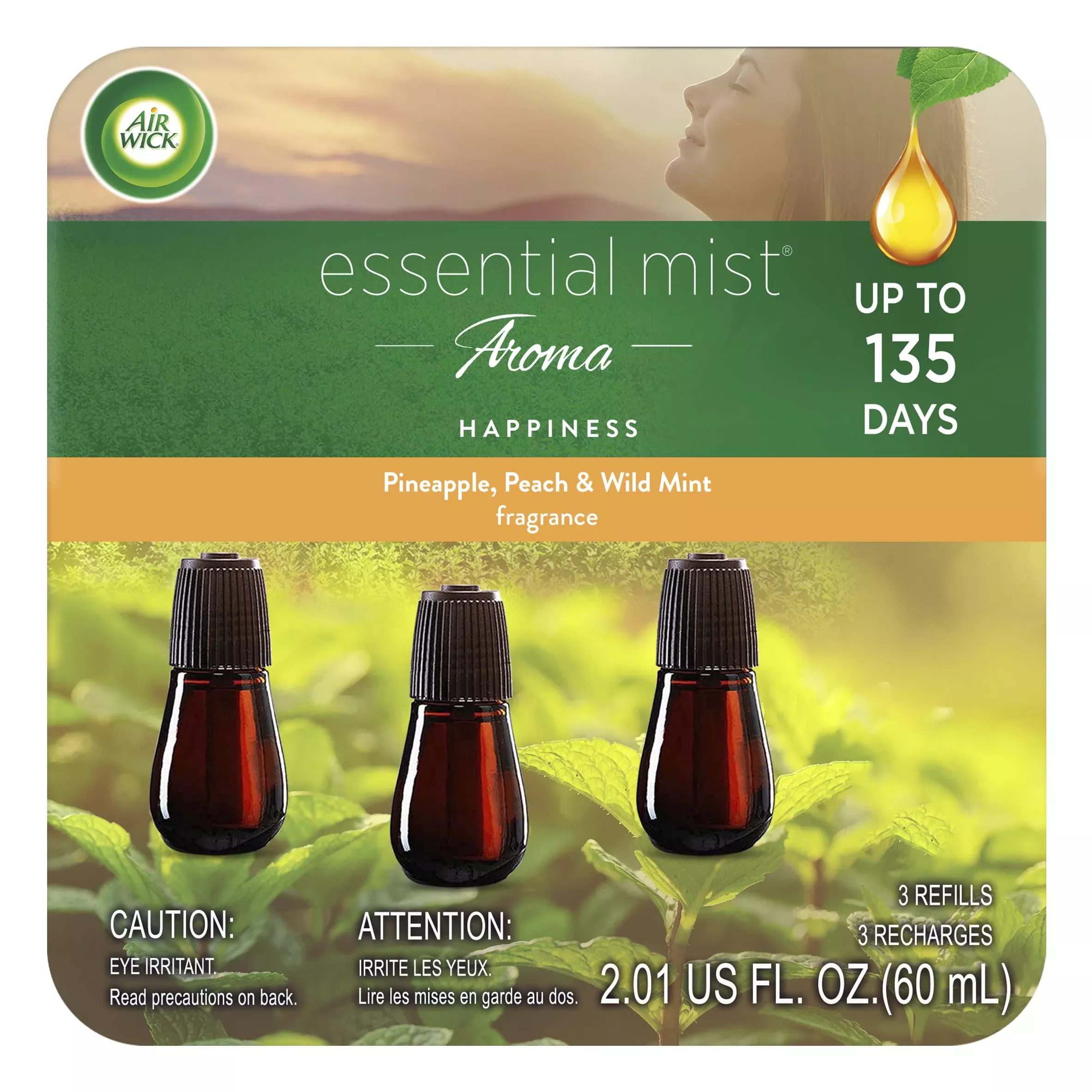 Air Wick Essential Mist Refill, 3 Ct, Happiness, Essential Oils Diffuser, Air Freshener, Aroma