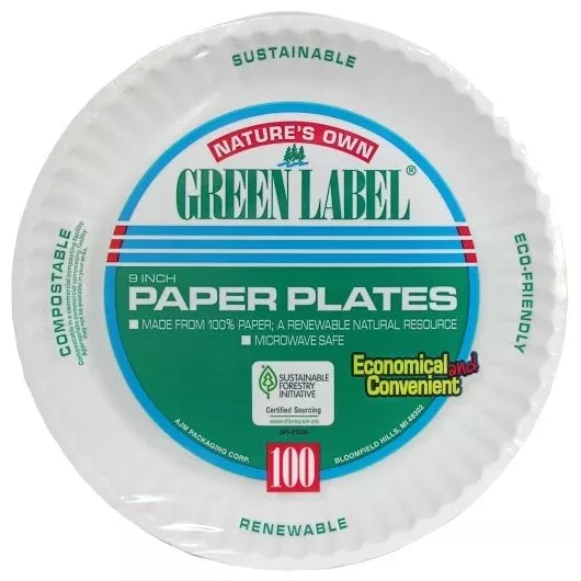Ajm Packaging Ajm Green Label 9" Paper Plates, 100 Count, 12 Per Case