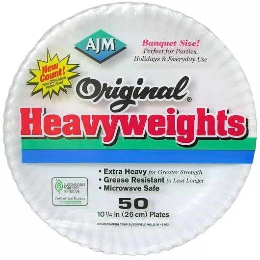 Ajm Packaging Ajm Plate Paper Original Heavy Weight 10.25 Inch, 50 Count, 12 Per Case