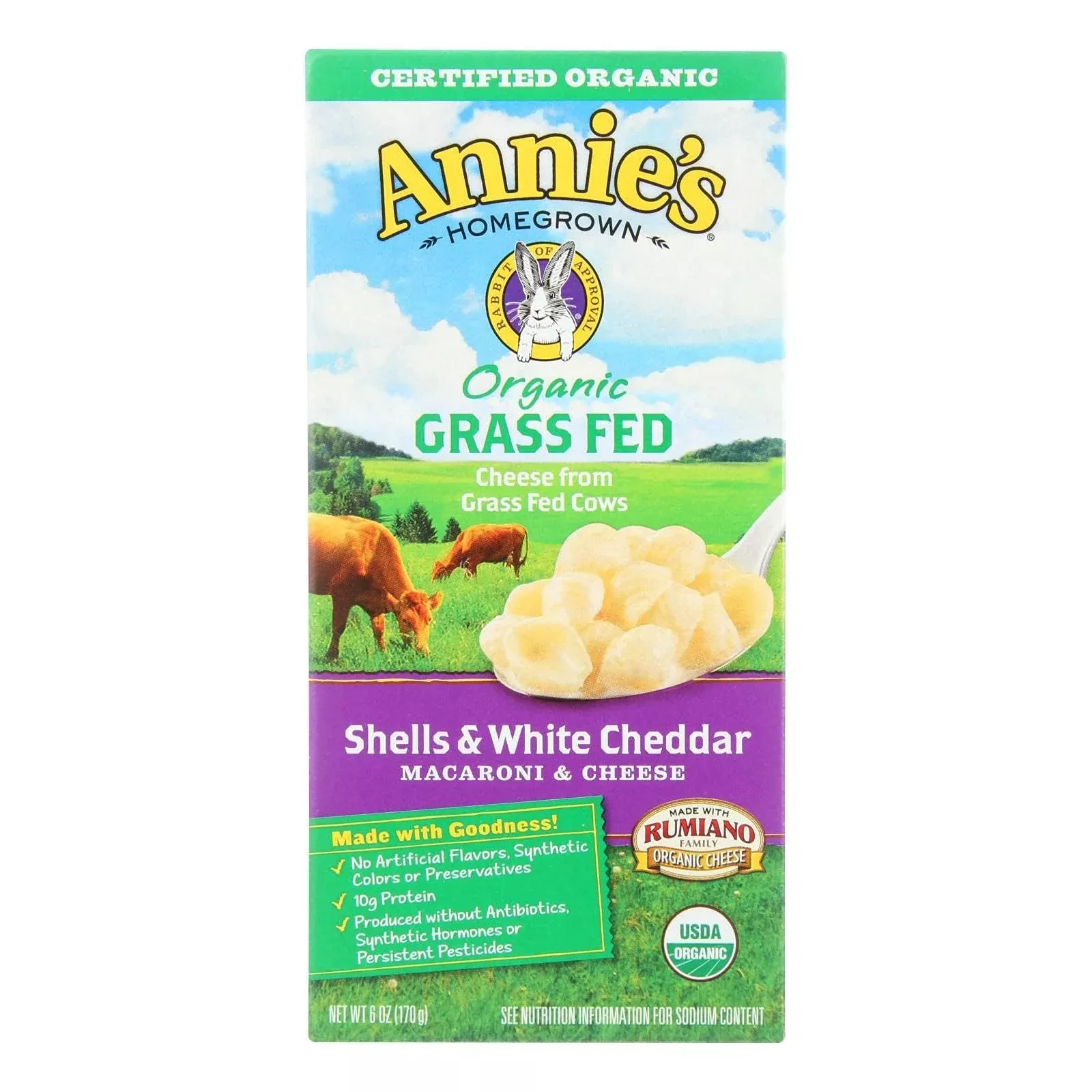 Annies Homegrown Organic Grass Fed Shells And White Cheddar Macaroni And Cheese, 6 Ounce (Pack Of 12)