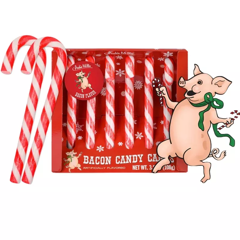archie mcphee old fashioned bacon candy canes – box of 6