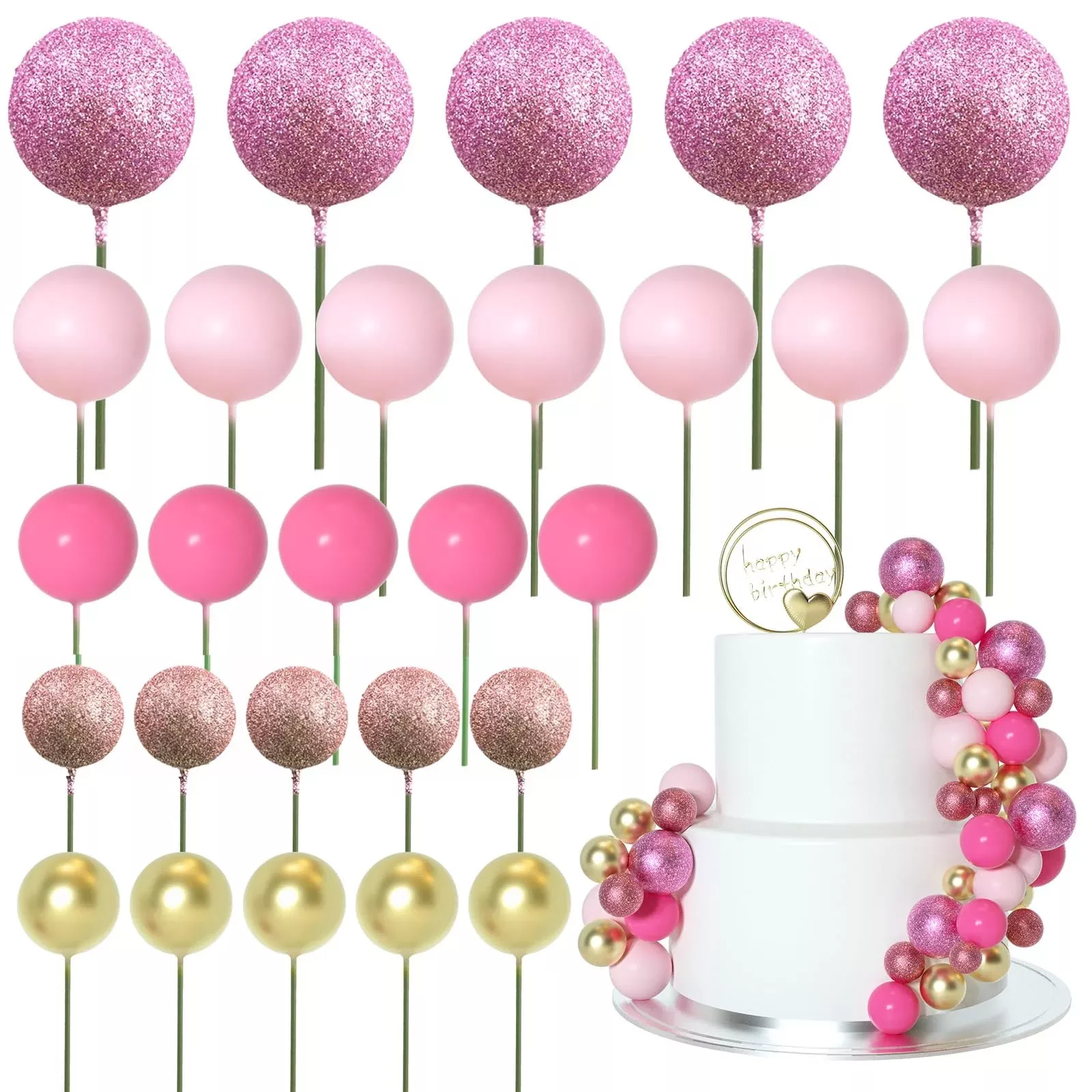 Astaron 50 Pcs Ball Cake Topper Sticks Mini Balloons For Cake Decorating Supplies Foam Balls Cake Decorations For Baby Shower Ca