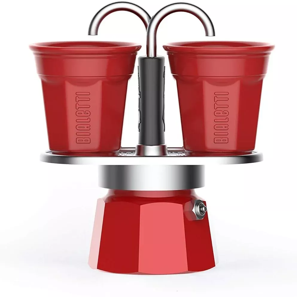 Bialetti Mini Express Color: Moka Set includes Coffee Maker 2-Cup (2.8 Oz) + 2Glasses, Red, Aluminium