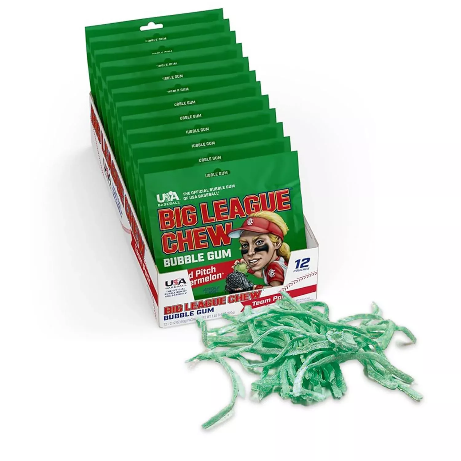 Big League Chew Wild Pitch Watermelon Bubble Gum - Juicy Watermelon Flavor Burst | Ideal For Baseball Games, Teams, Concessions, Parties, And More | Pack Of 12 Bags (2.12Oz Each)
