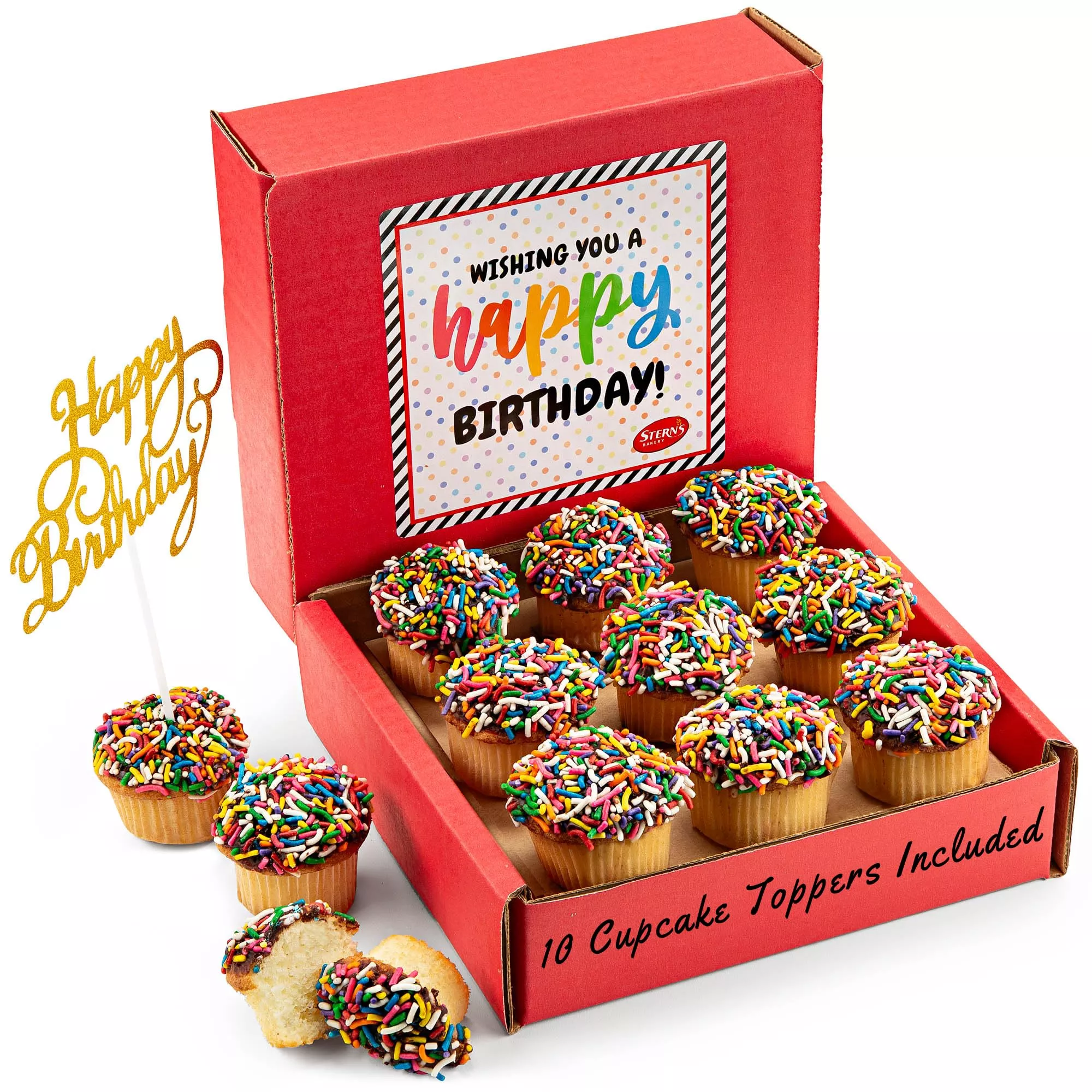 Birthday Gift Basket | Happy Birthday Cupcakes [9 Count] | Mini Rainbow Sprinkle Cupcakes Individually Wrapped | 10 Cupcake Topp