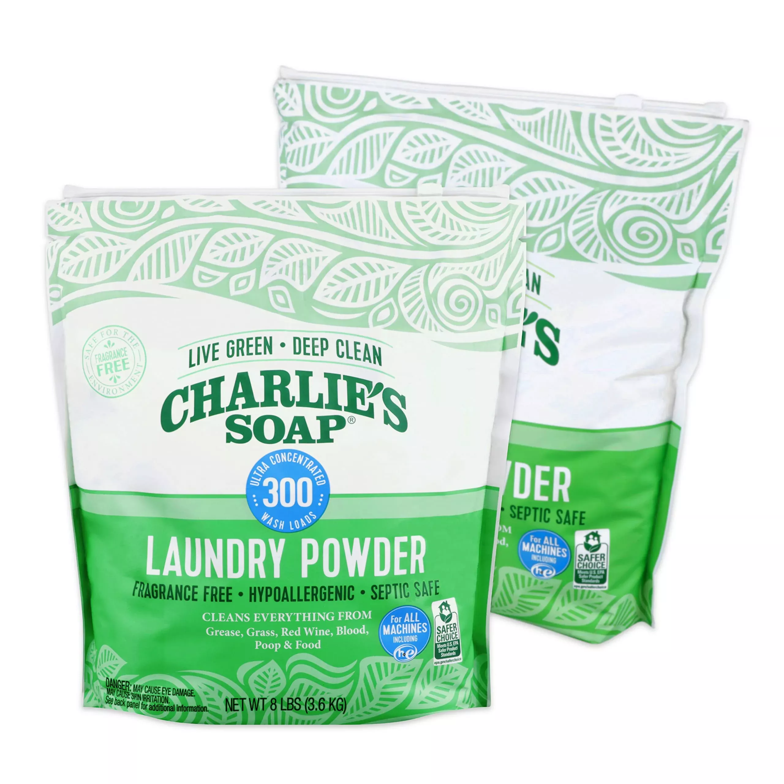 Charlies Soap Hypoallergenic Laundry Powder 8Lb Bag, Pack Of 2, 600 Lo