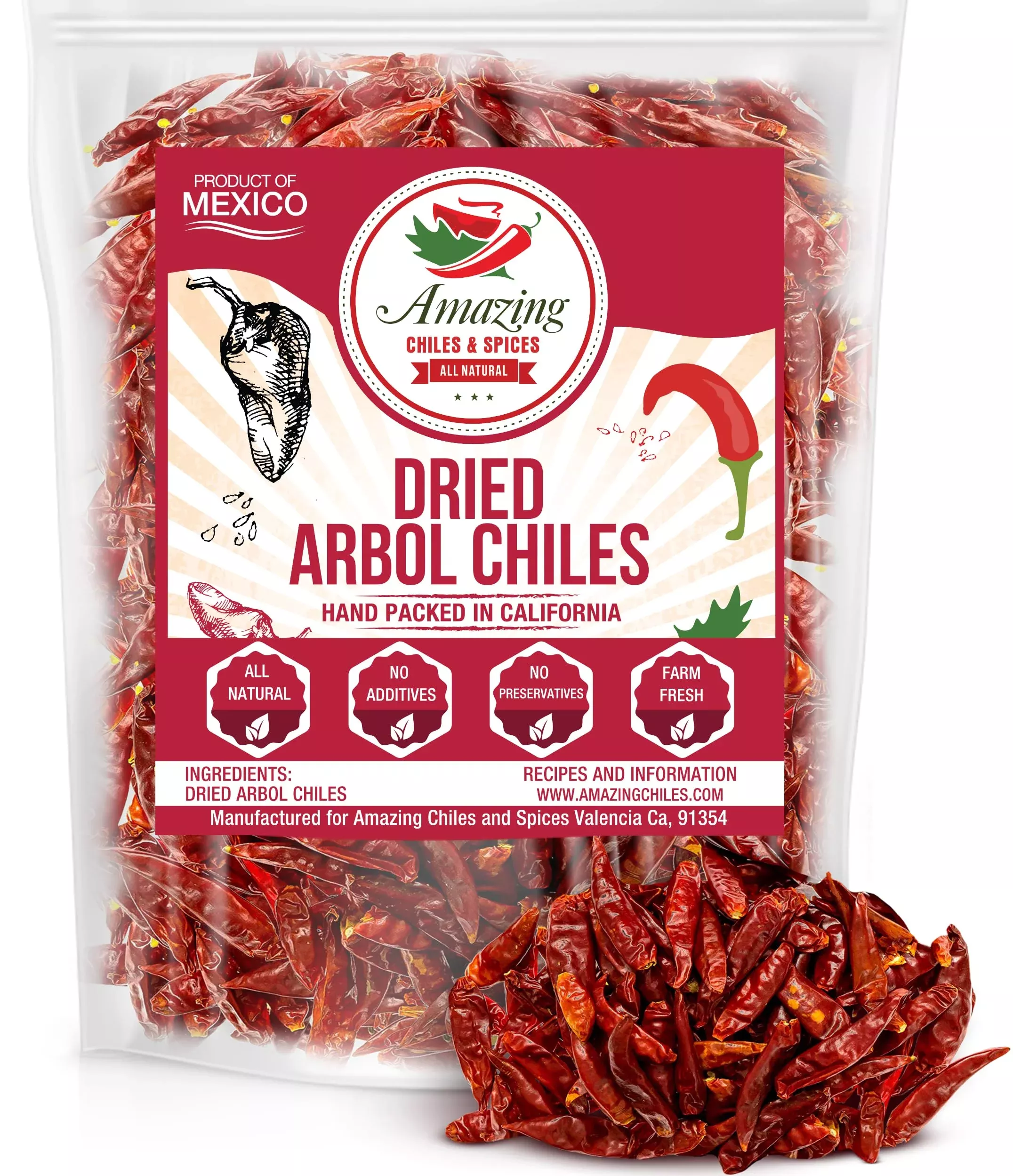 Chile De Arbol 4Oz - Dried Whole Red Chili Peppers, Premium All Natural Stemless, Resealable Bag. Use In Mexican, Chinese And Th