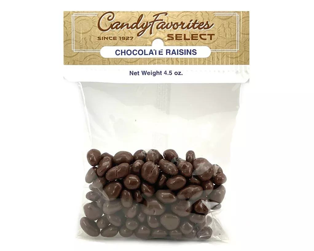 Chocolate Raisins "Select Label" 4 oz. Peg Bags - 8 / Box