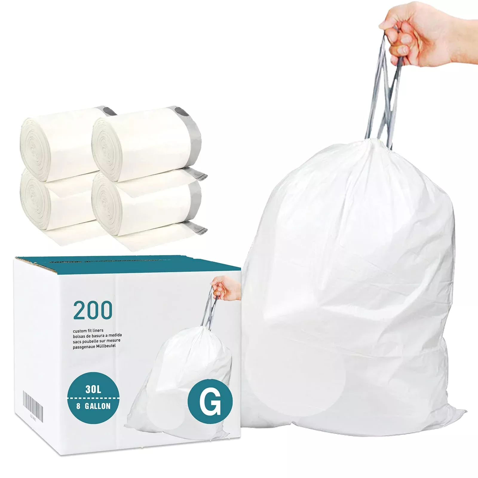 Code G (200 Count) 8 Gallon/30 Liter Heavy Duty Drawstring Plastic Tra