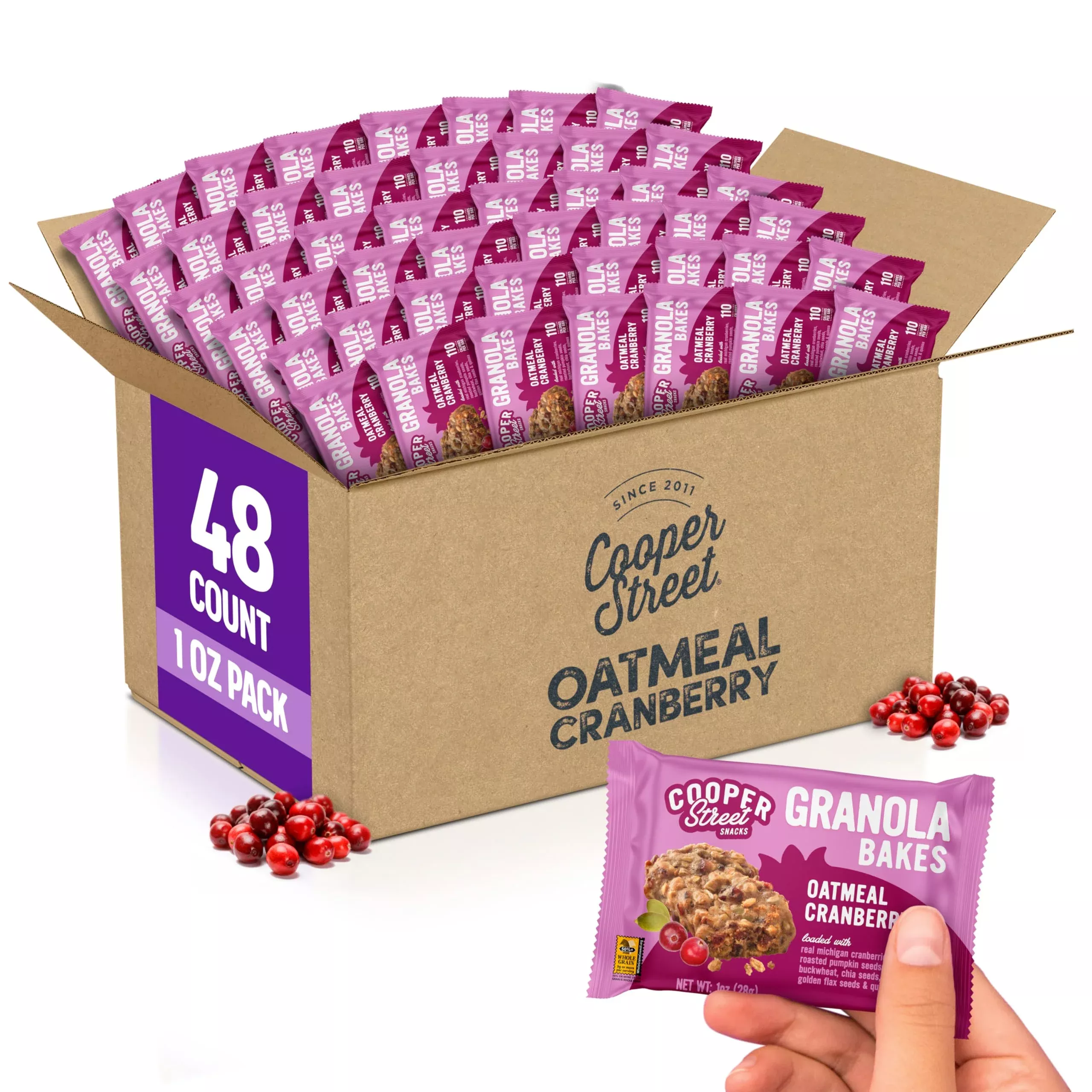 Cooper Street Granola Cookie Bake - Chewy Granola Bars With Chia, Flax, Buckwheat And Oats In Delicious Oatmeal Cranberry Flavor | Individually Wrapped Healthy Breakfast Bars | 1 Oz | 48 Pack