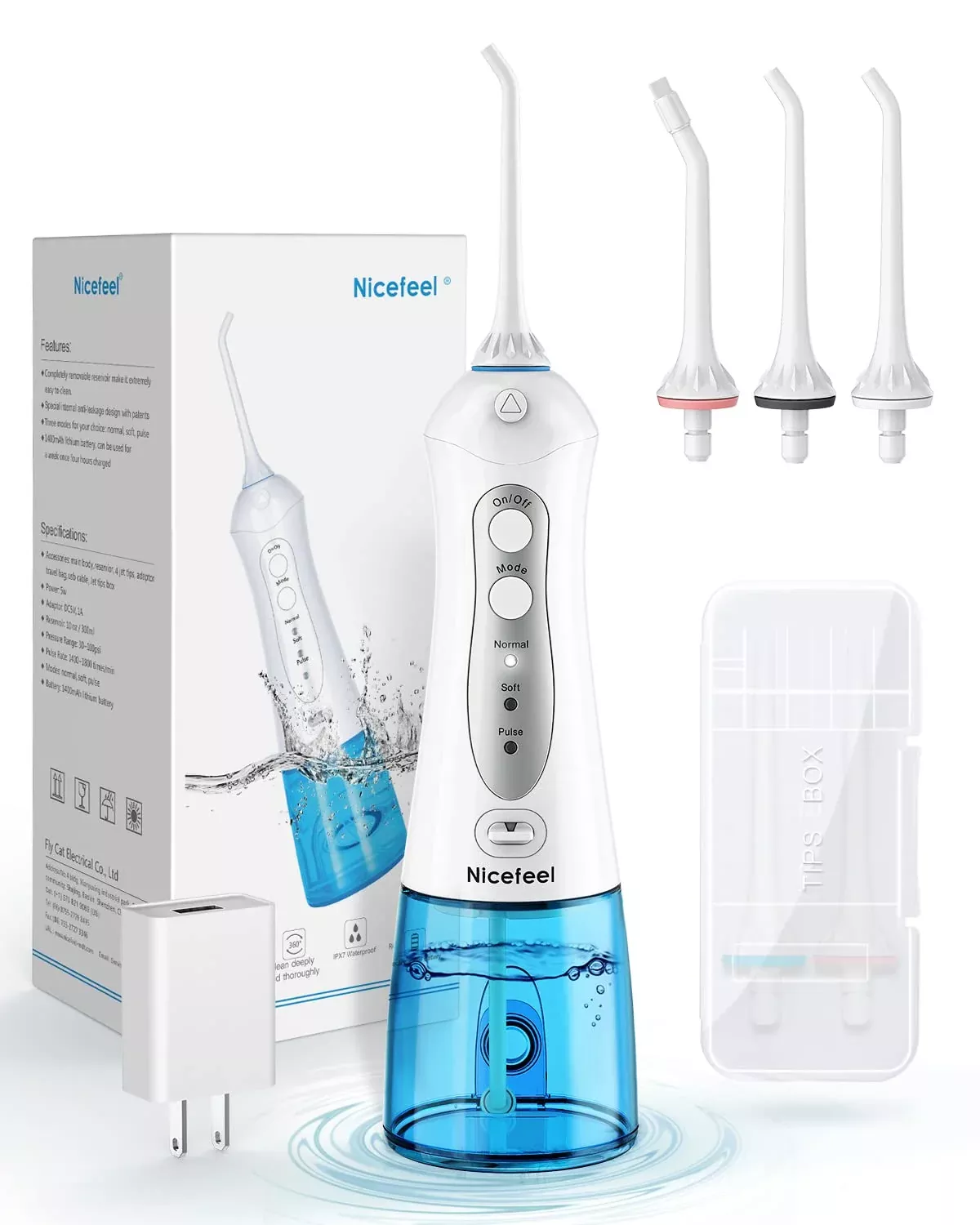 Cordless Water Flosser Teeth Cleaner, Nicefeel 300Ml 2 Tip Cases Porta