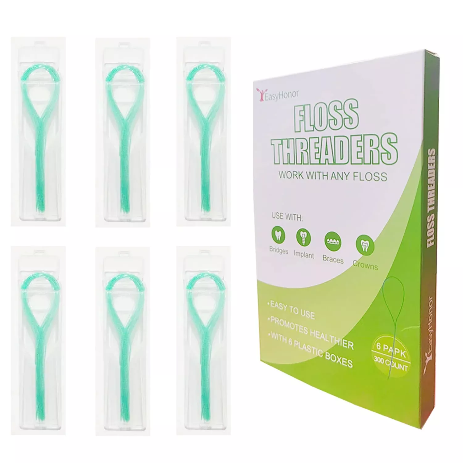 Easyhonor Dental Floss Threaders For Braces, Bridges, And Implants ,Green, 300 Count (6 Pack)