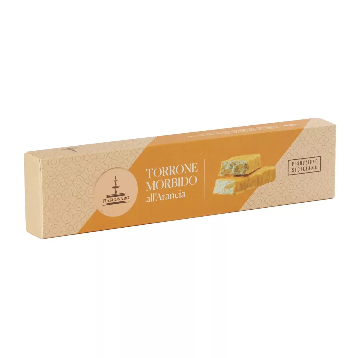 Fiasconaro Torrone Covered w / Orange White Chocolate, Soft Nougat, 5.29 oz | 150g