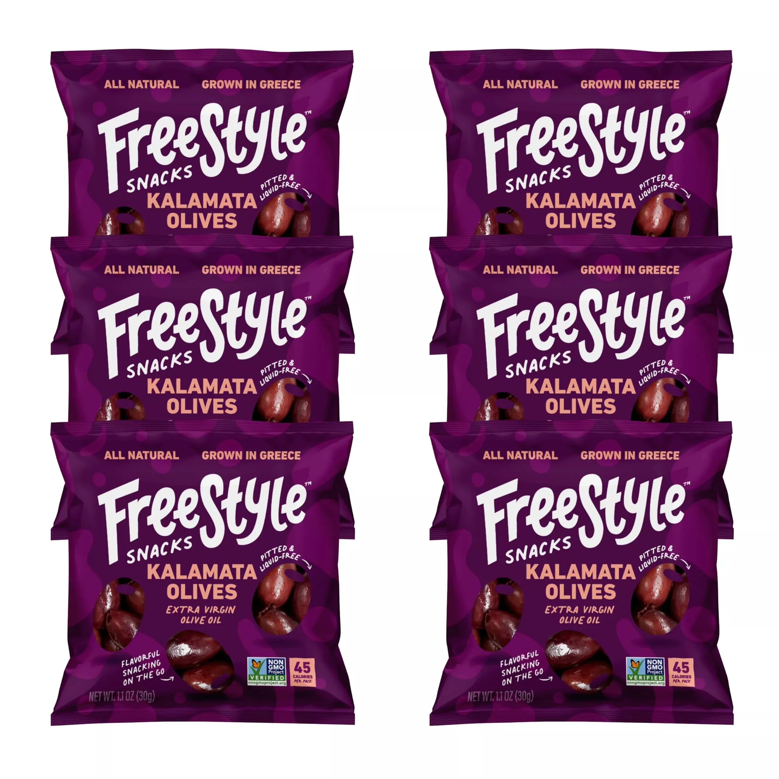 Freestyle Snacks Olive Snack Packs - Single Serve - Fresh Pitted Kalamata Olives, Jumbo-Sized, Grown In Greece, All Natural, Non