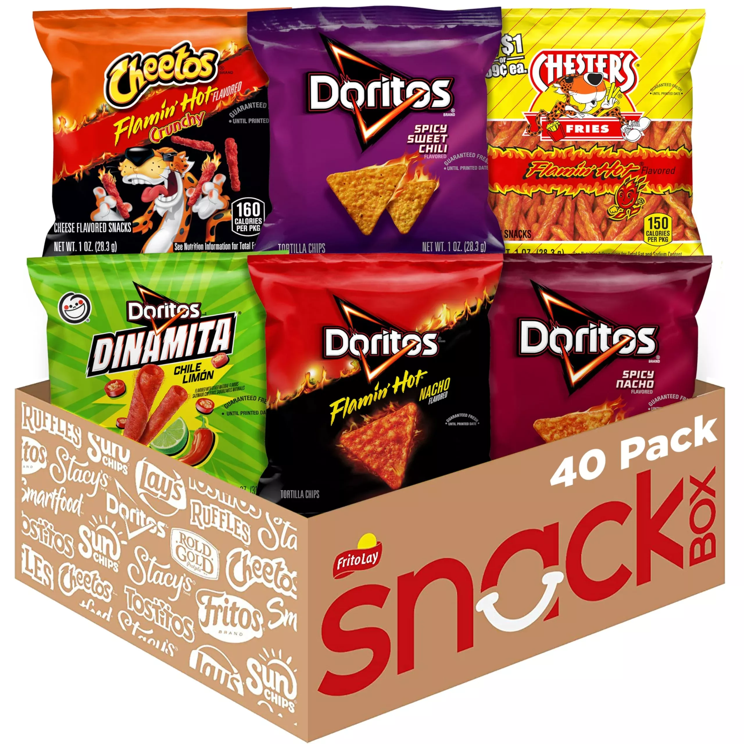 Frito Lay Fiery Mix Variety Pack, Hot & Spicy Snacks Single Serve Bags, (Pack Of 40), Flamin' Hot Cheetos, Doritos, Chester'S Hot Fries