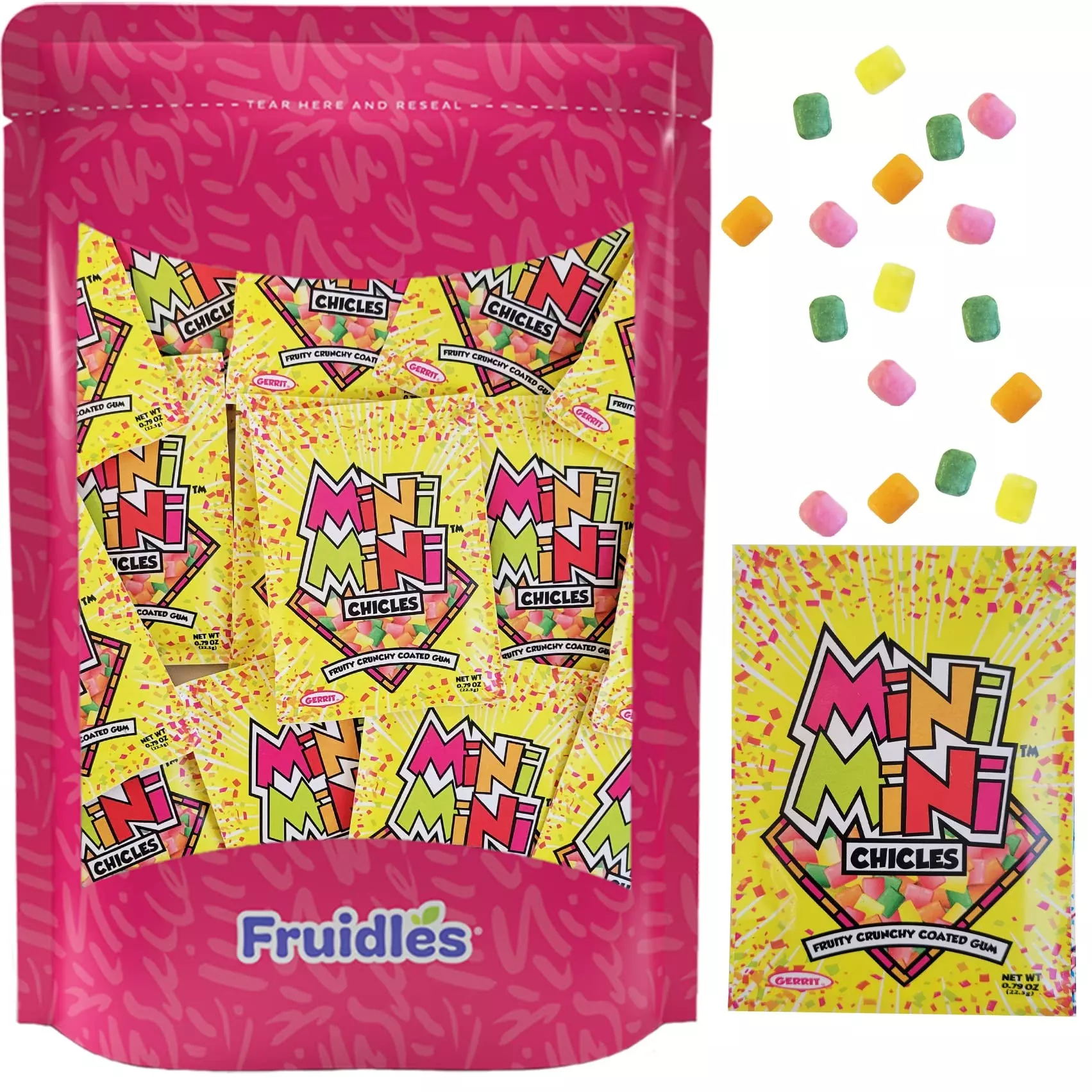 Fruidles Mixed Fruit Flavors Mini Chiclets Gum, Square Chicle Gum Tabs, Crunchy Candy Coated Gum, Candy Buffet Treats, Gluten-Free (12-Pack)