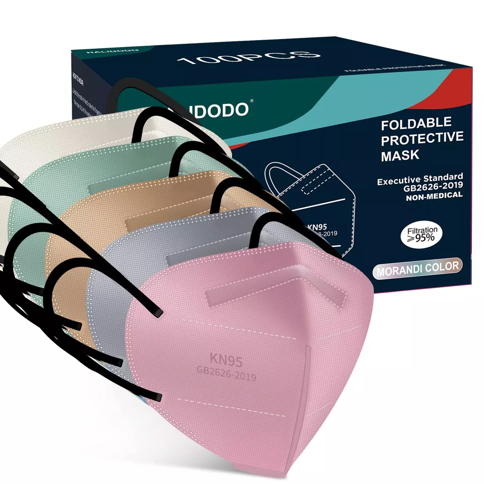 HALIDODO 100 Packs KN95 Face Masks, 5-Ply Breathable Protection, Elast