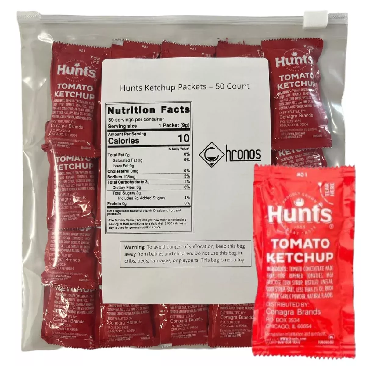 Hunt'S Ketchup Packets 0.3 Oz (9G) - 50 Count Single Serve - Ketchup Condiment Packs Bundled With 8 X 8 Inch Chronos Food Safe S