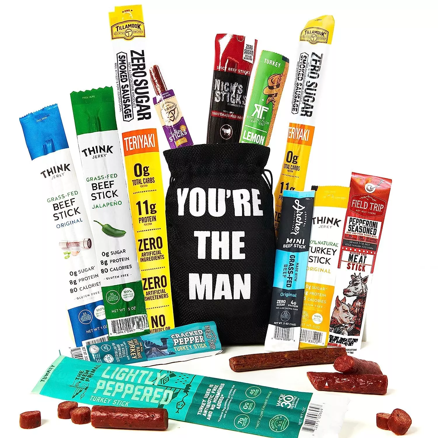 Jerky Sticks Gift For Men - Curated Assortment Of High Protein Snacks - Alternative To Beef Jerky Gift Basket - Beef & Turkey Je