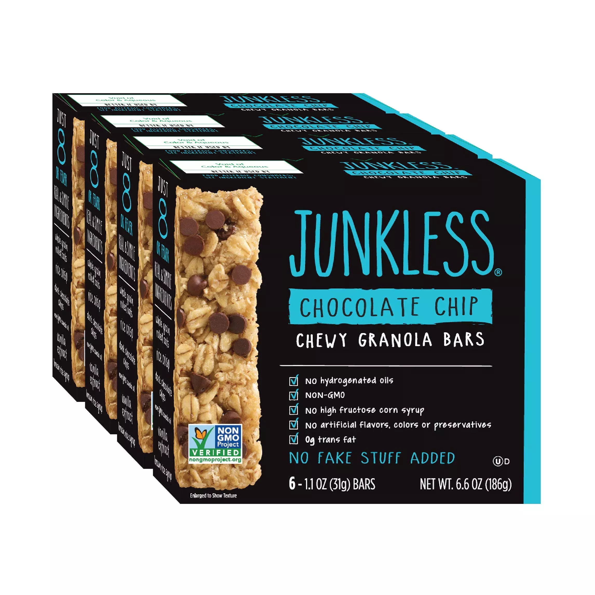 Junkless Chewy Granola Bars, Chocolate Chip, 24 Bars (6 X 1.1 Oz Bars/Box - 4 Boxes), Non-Gmo, Low Sugar, Great Tasting, Made For Kids & Families