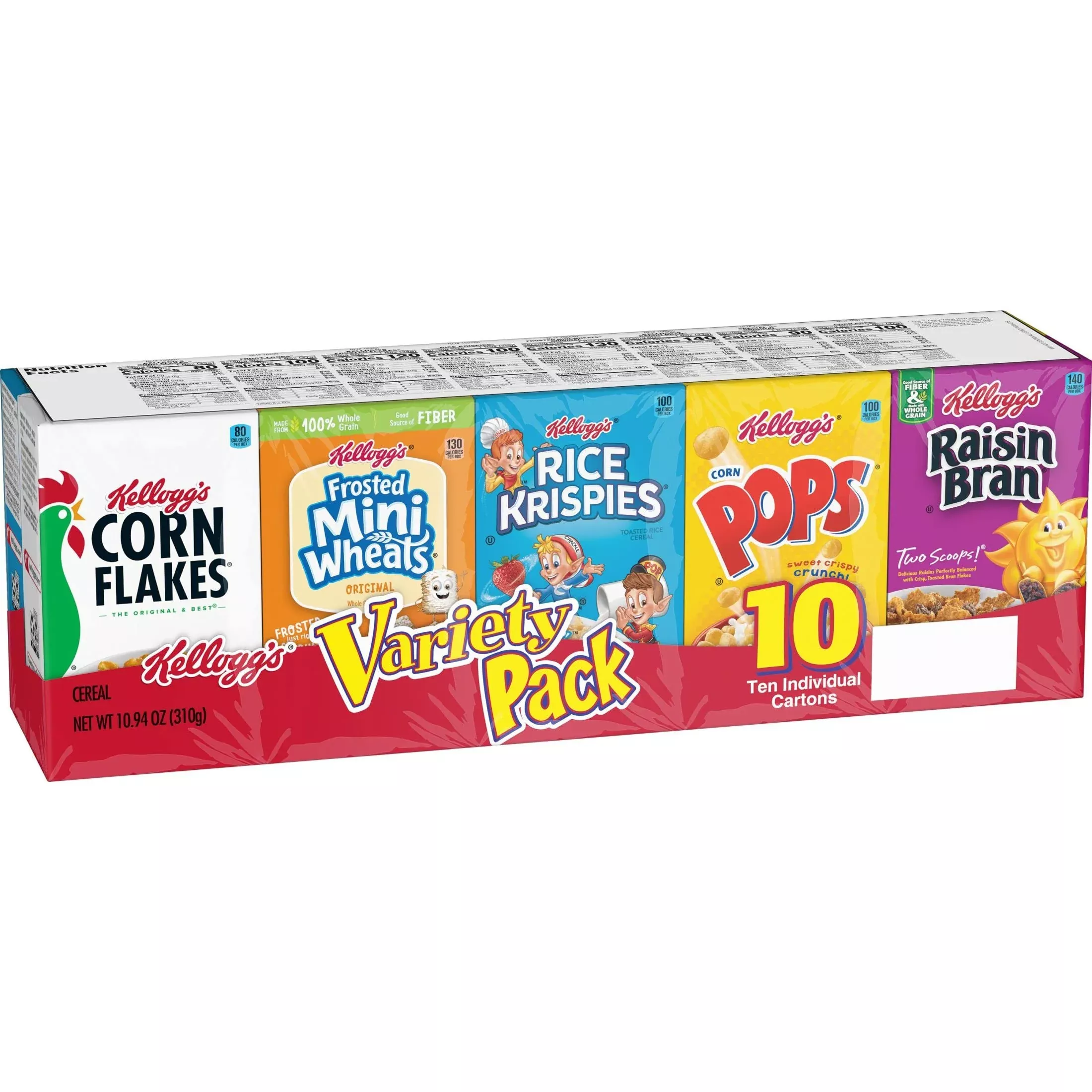Kellogg'S Breakfast Cereal Assorted Variety Pack, Corn Flakes, Frosted Flakes, Frosted Mini-Wheats Original, Raisin Bran, Froot Loops, Corn Pops, Rice Krispies, Special K Original, Single Serve, 10.94 Oz (10 Count)
