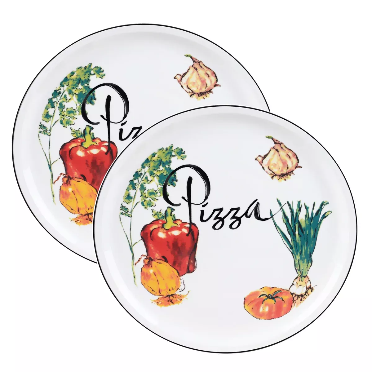 Lorren 2 Piece Round 12" Pizza Serving Platters, Vegetable Design