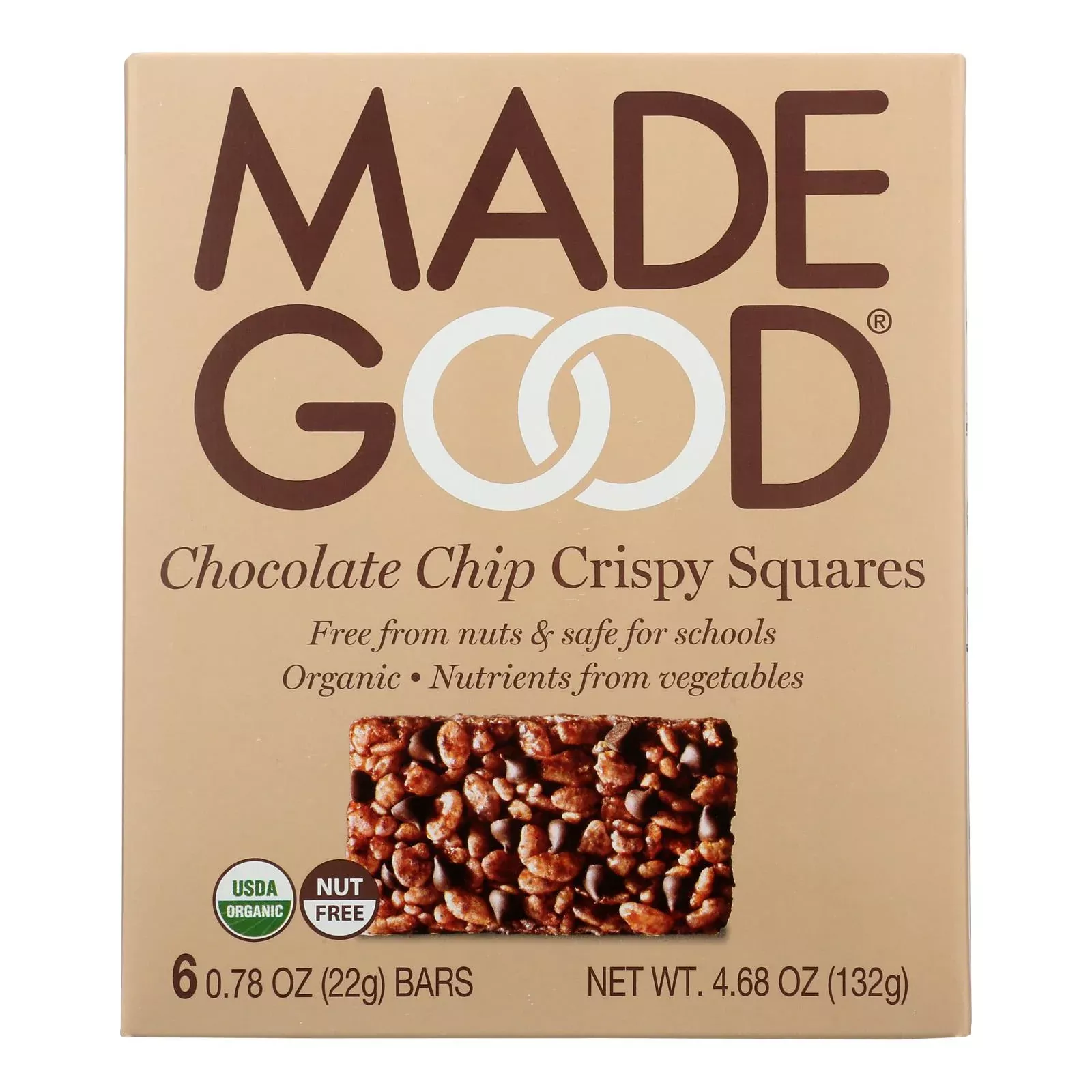 Made Good Crispy Squares - Chocolate Chip - Case of 6 - 4.68 Ounce.
