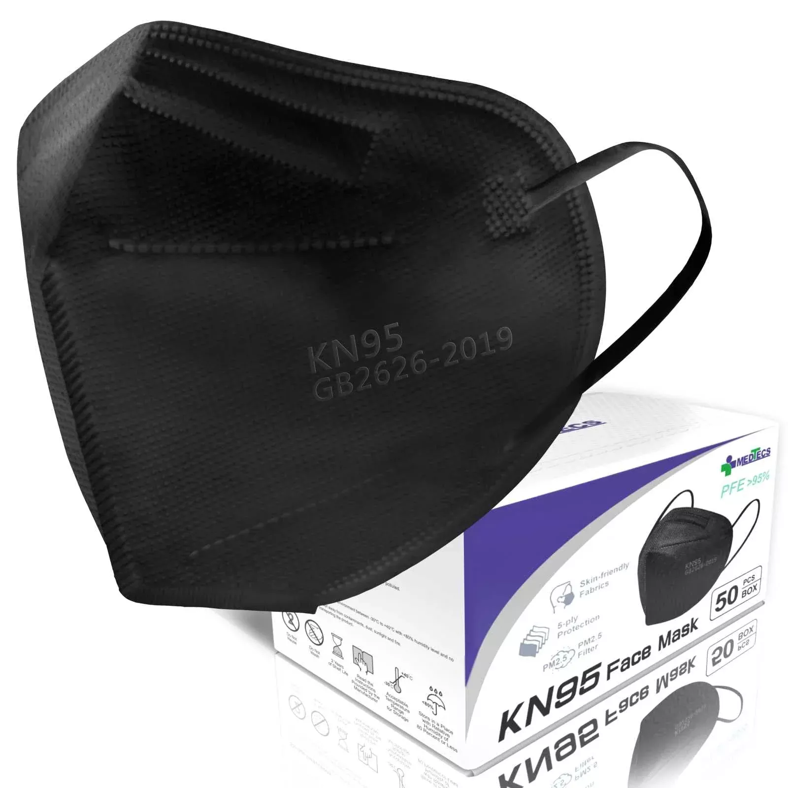 Medtecs KN95 Face Masks - 50 Count, Black, 5 Ply Protection, Extra Wid