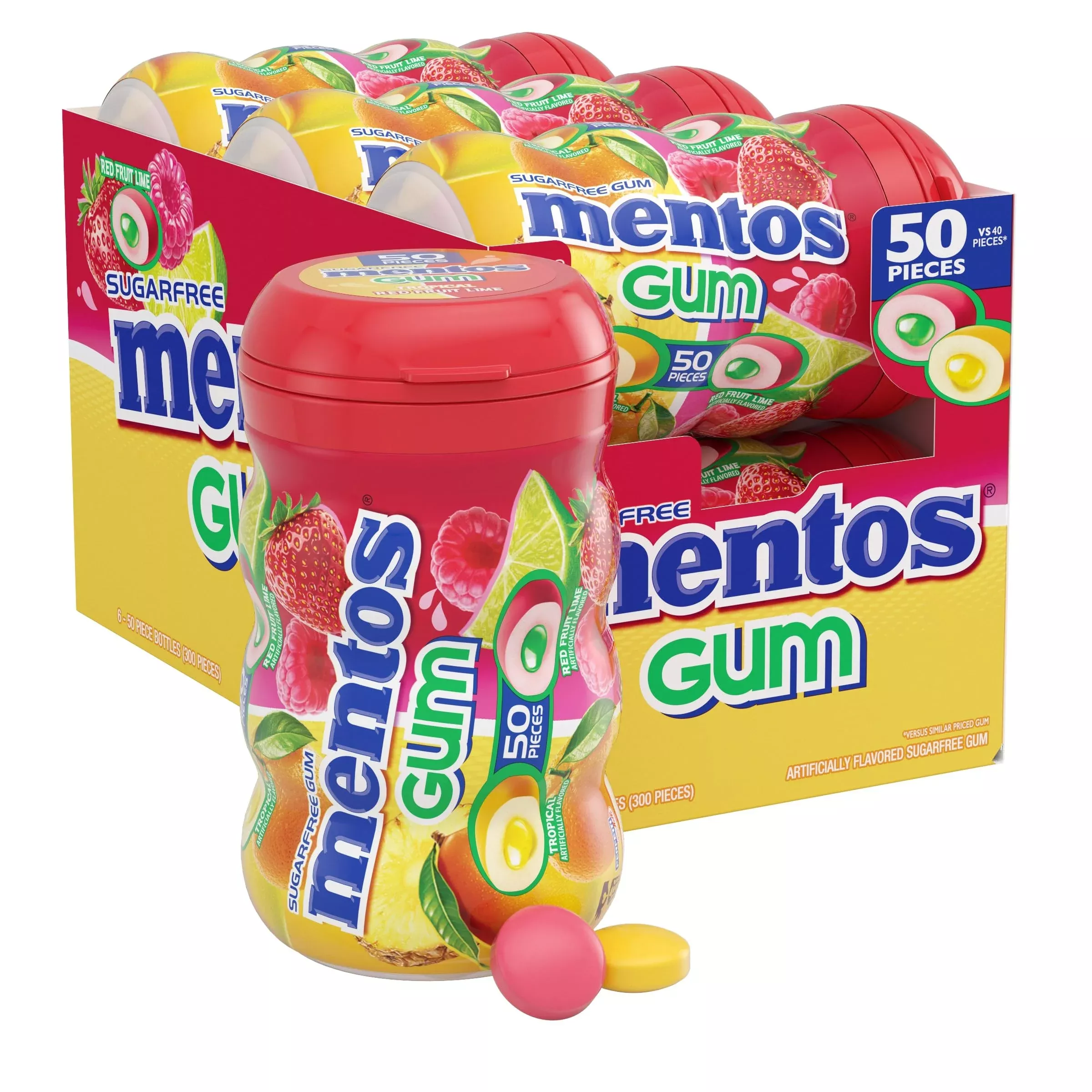 Mentos Sugar-Free Chewing Gum, Tropical, Red Fruit And Lime, Bulk, 50 Piece Bottle (Pack Of 6)
