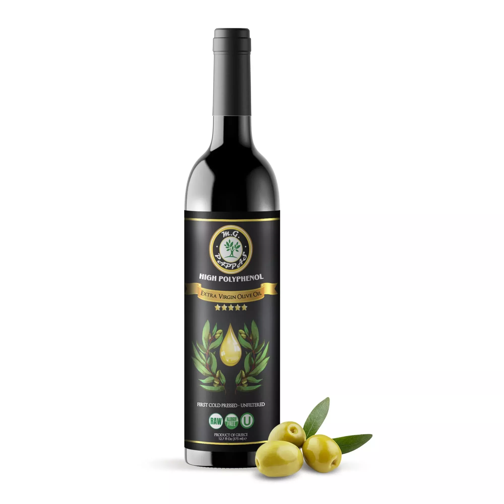 Mg Pappas High Polyphenol Rich Olive Oil - Extra Virgin Olive Oil Cold Pressed Unfiltered - High Hydroxytyrosol Greek Olive Oil