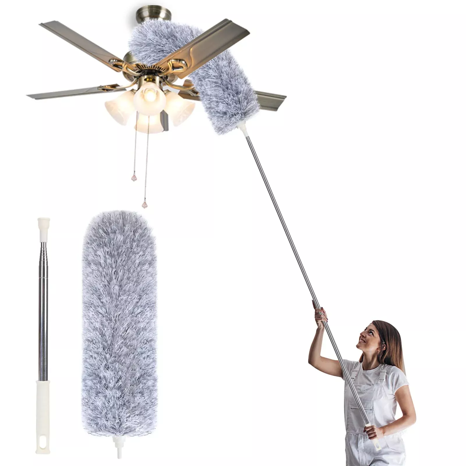 Microfiber Duster With Extension Pole,Washable Bendable Head Ceiling Fan Duster,15-100 Inch Wet Or Dry Dust Collect Telescoping